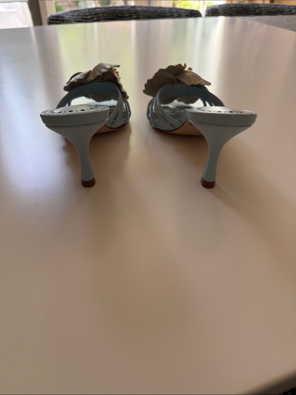 Larroude Light Blue Magnolia Slide Mules with Ivory Floral Detail - Picture 3 of 6